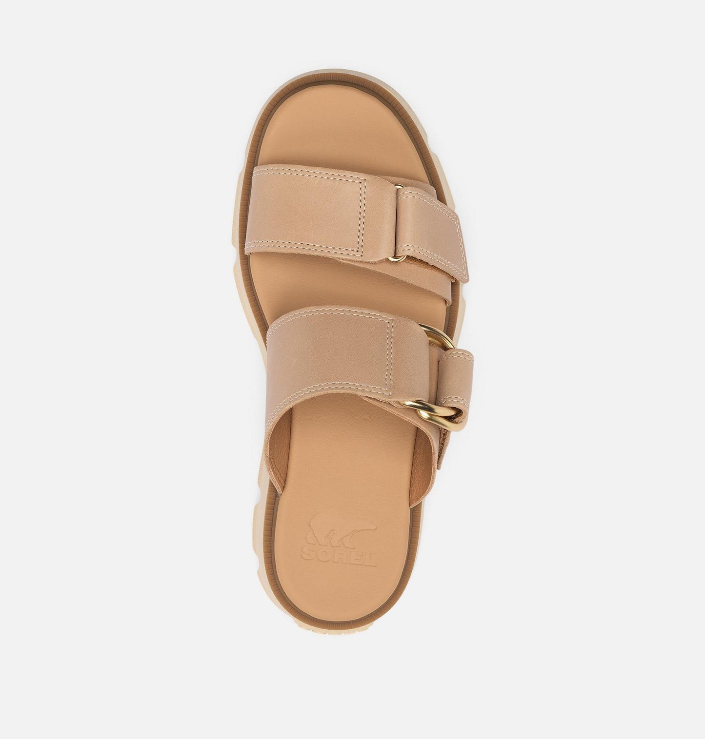 Beige sandal with double strap design on a light gray background