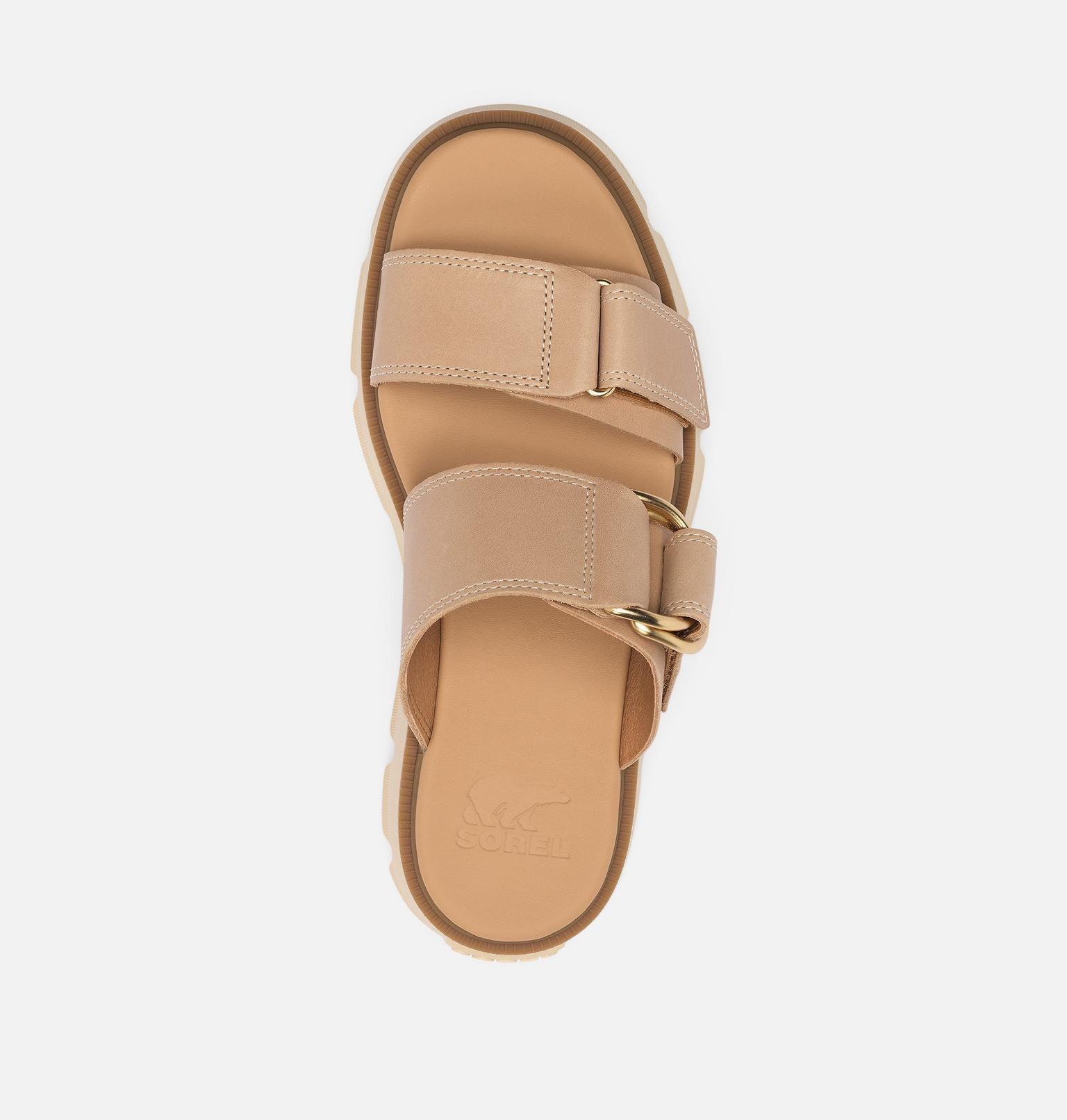 Beige sandal with double strap design on a light gray background