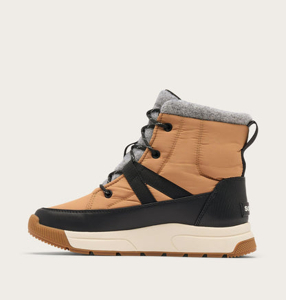 Tan and black winter boot with gray lining on a white background