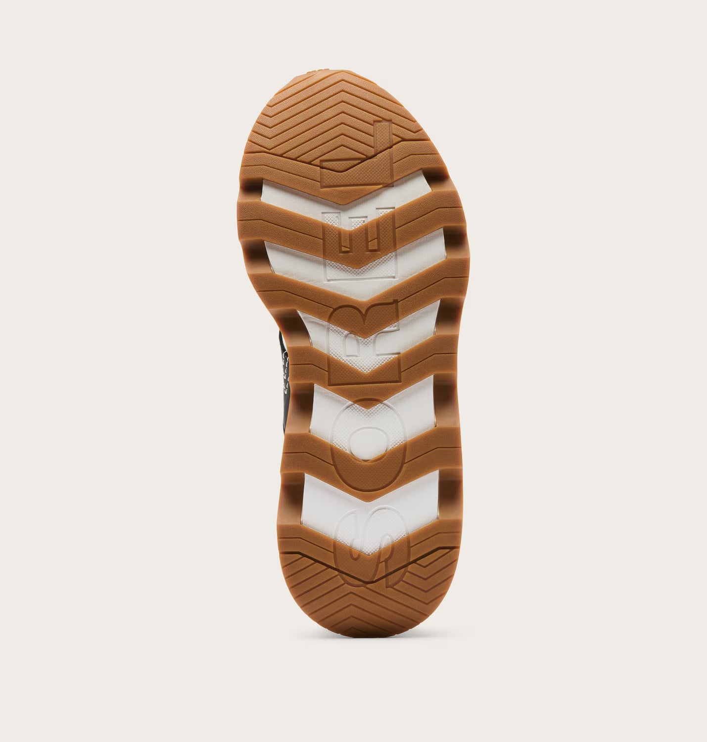 Close-up of a brown shoe sole with white midsole on a light gray background