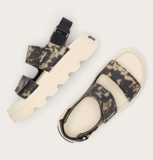 Pair of sandals with camouflage pattern on a white background