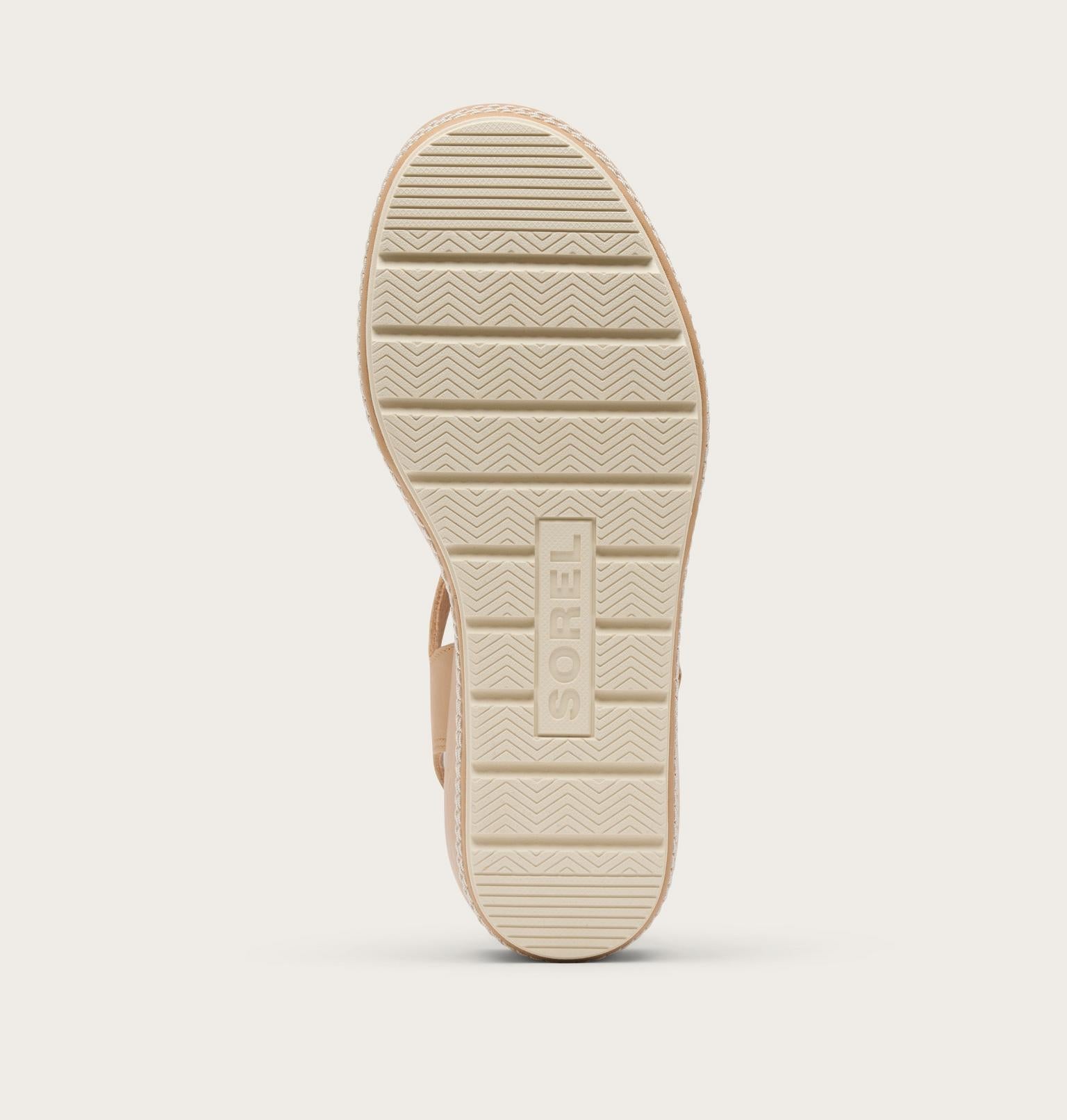 Close-up of a sandal sole with 'Sorel' branding on a light gray background