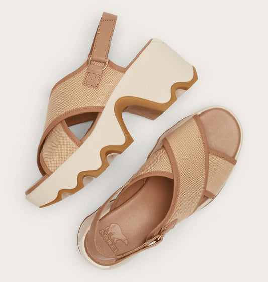 Pair of beige sandals with a white sole on a light gray background
