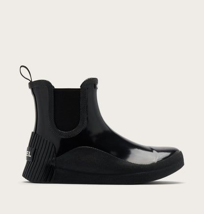A black rubber rain boot with a glossy finish, elastic side panel, and a textured, ribbed heel, shown in profile against a light off-white background.