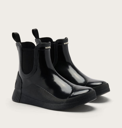 A pair of glossy black rubber rain boots with elastic side gore panels and pull tabs, shown on a light gray background.