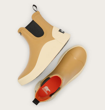 A pair of Satchel Chelsea-style ankle boots in tan and cream, with a black elastic side panel and a red interior lining, shown from top and side angles on a light gray background.