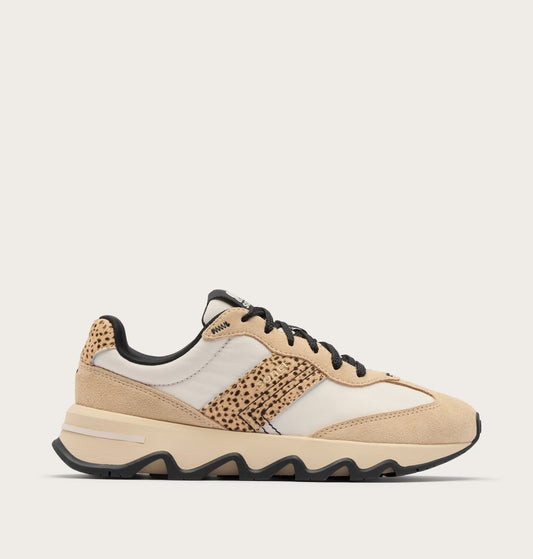 Beige and white sneaker with leopard print accents on a light beige background