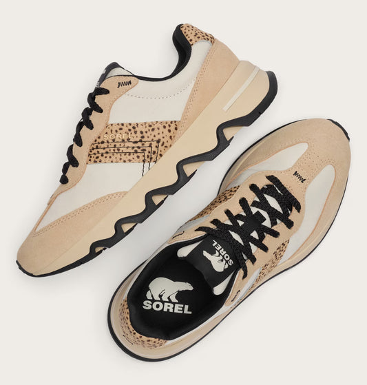 Beige and black sneakers with leopard print details on a white background