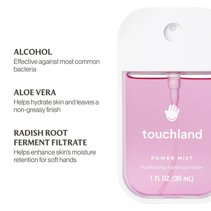 Pink hand sanitizer bottle with 'touchland' branding and product details on a white background.