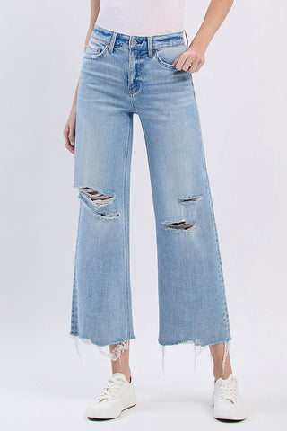 High Rise Distressed Crop Wide Jeans