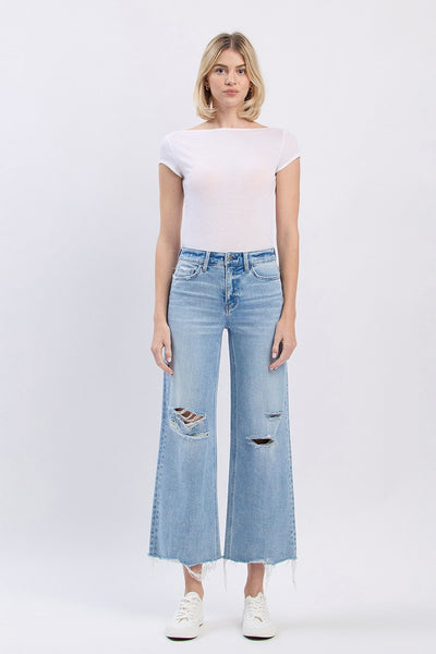 High Rise Distressed Crop Wide Jeans