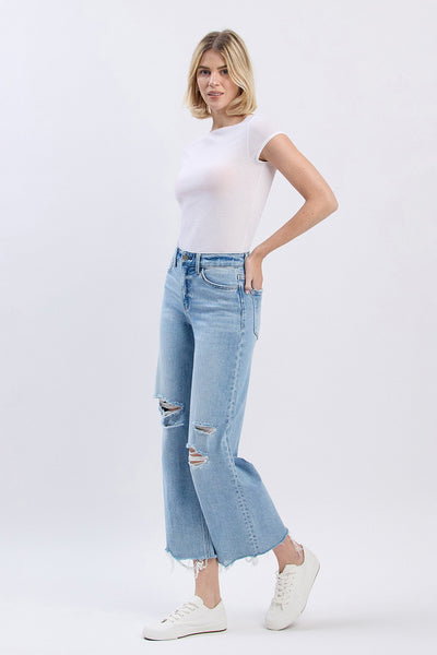 High Rise Distressed Crop Wide Jeans