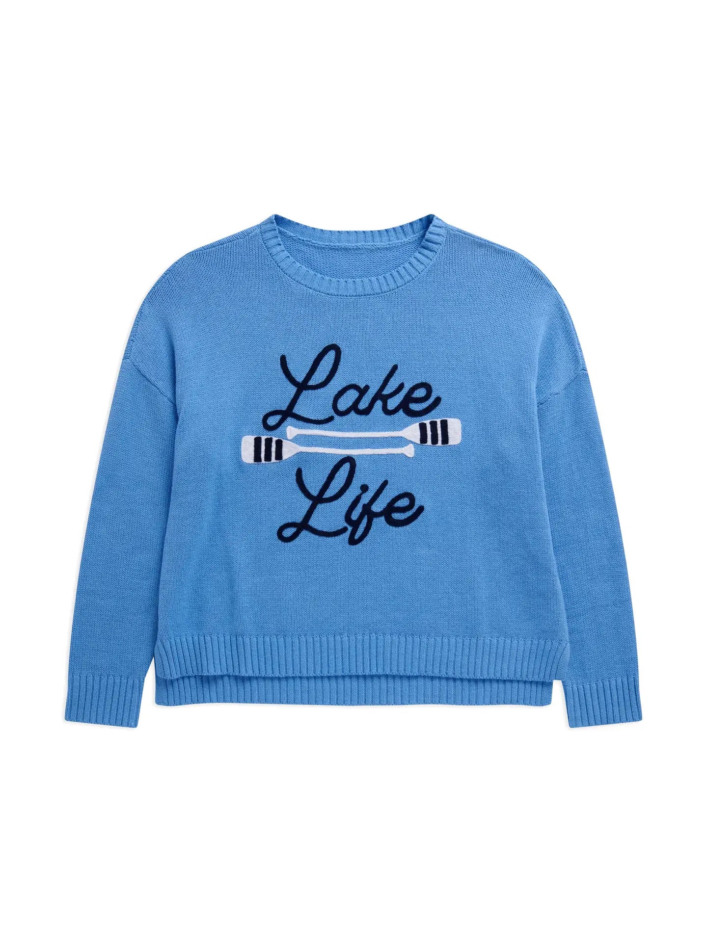 Blue sweater with 'Lake Life' text and ski graphics on a white background