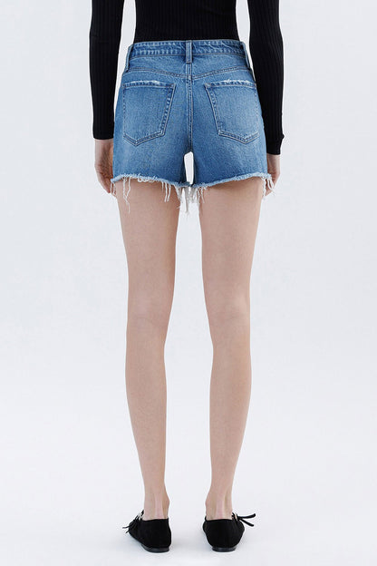 High Rise Raw Hem Denim Shorts