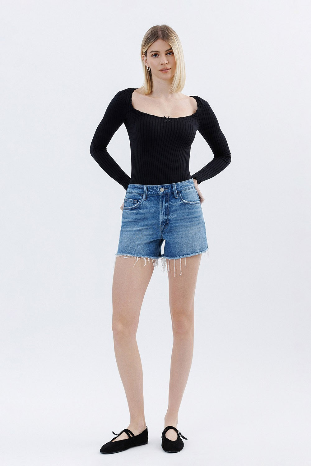 High Rise Raw Hem Denim Shorts