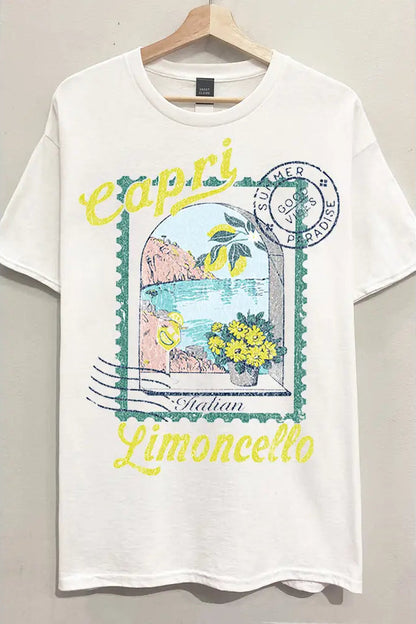 White t-shirt with 'Capri Limoncello' graphic design on a hanger.