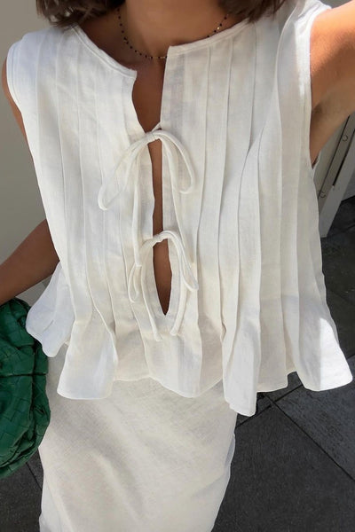Linen Tie Ruffle Blouse