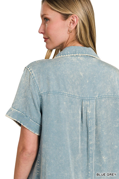 Mineral Washed Collared Shirts Dress