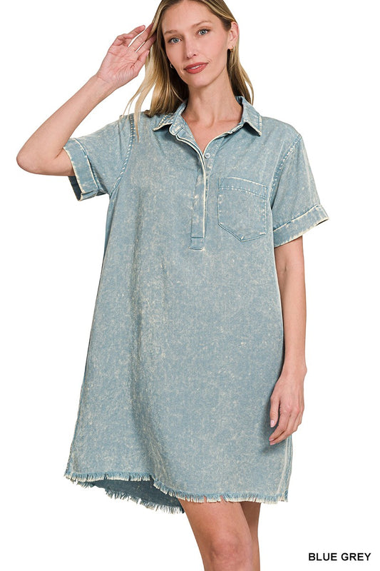Mineral Washed Collared Shirts Dress