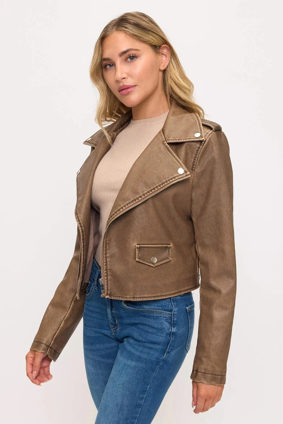 woman wearing brown jacket