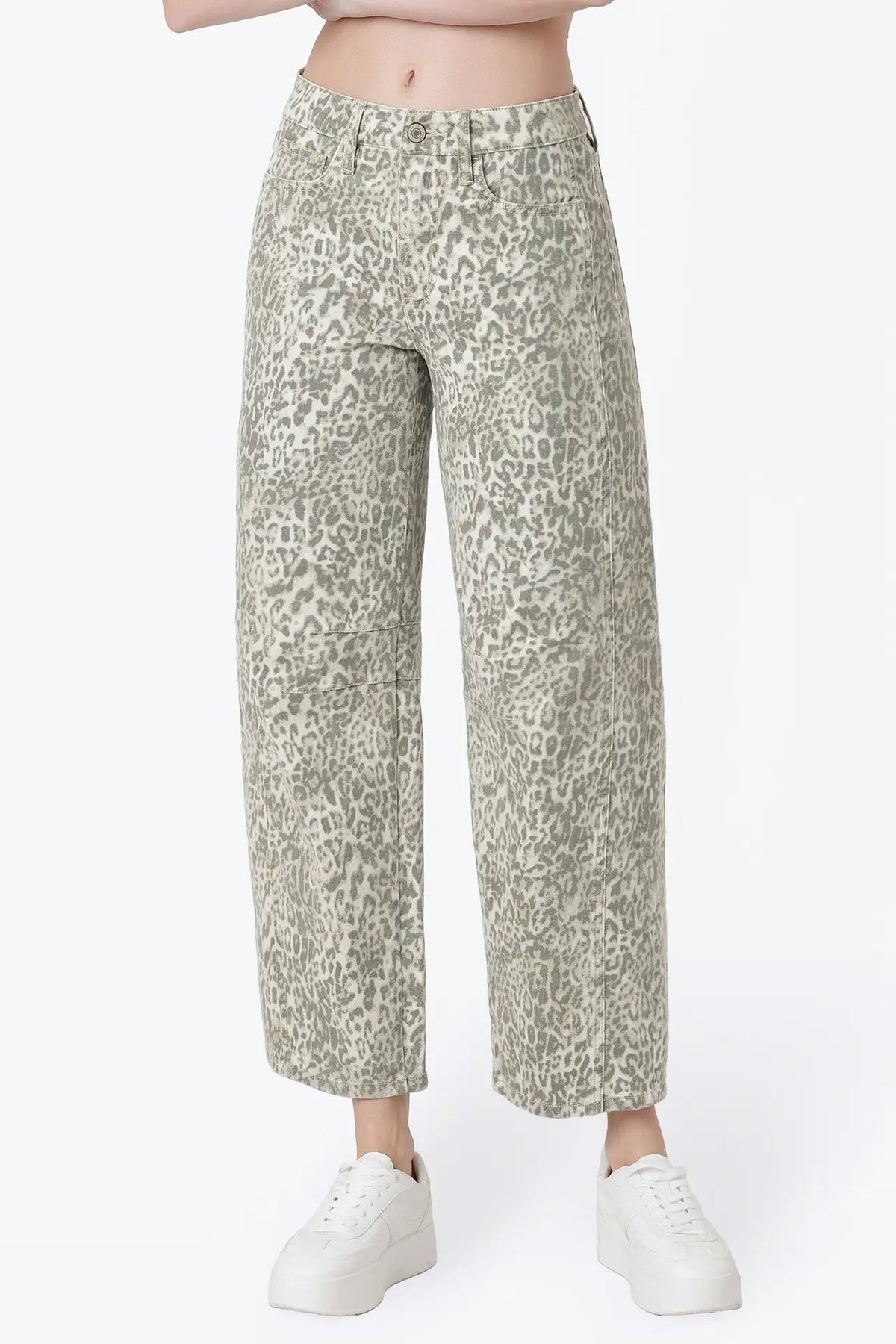close up of person wearing leopard jeans