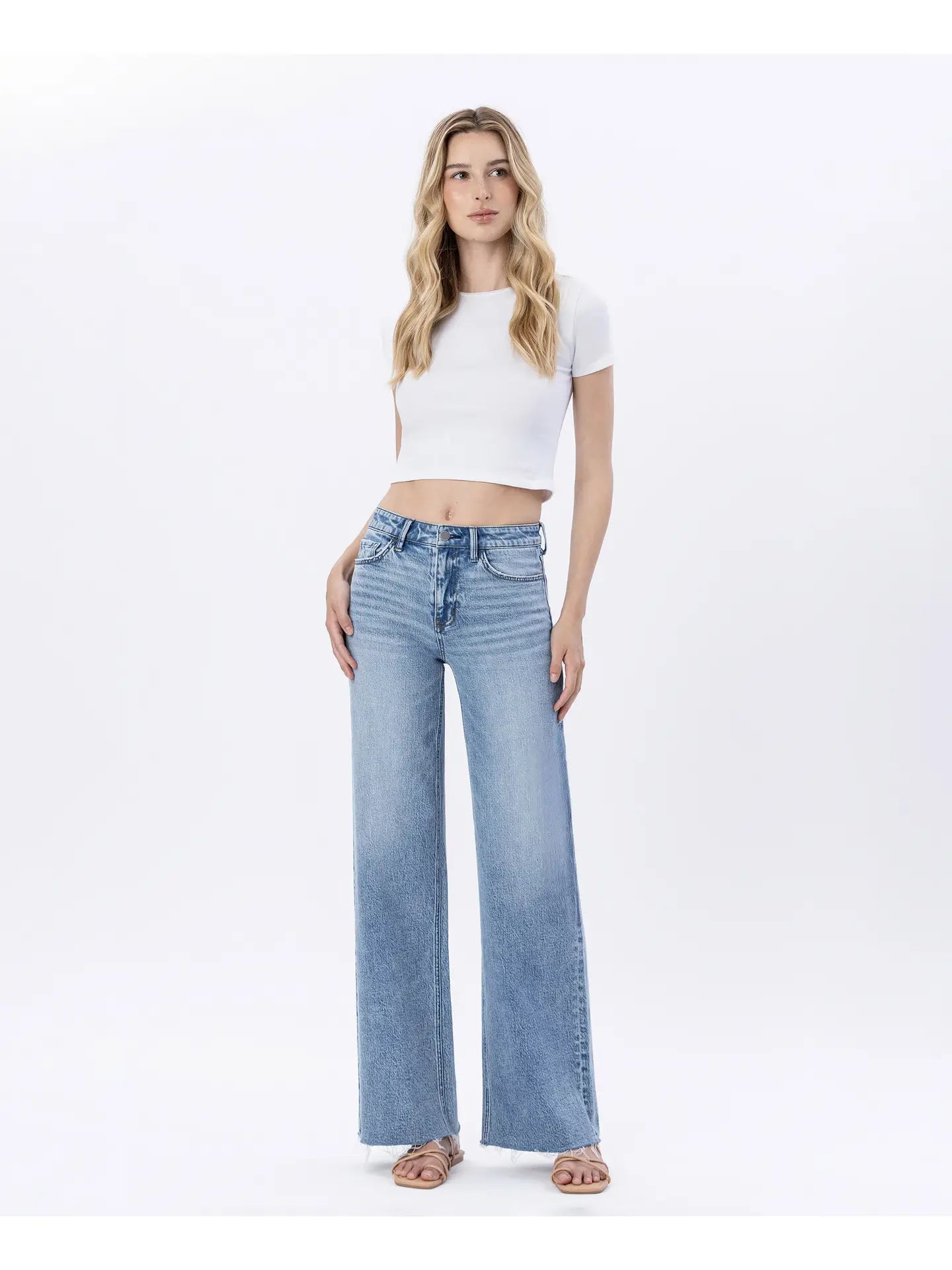 High Rise Raw Hem Wide Jeans