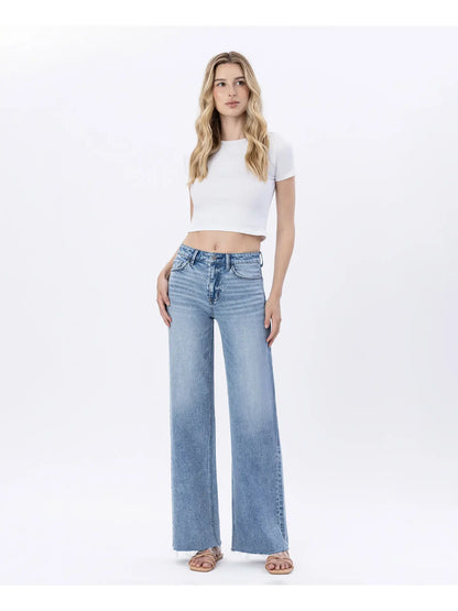 High Rise Raw Hem Wide Jeans