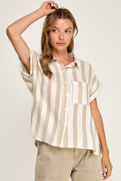 woman in striped button top