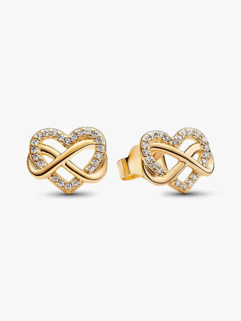 Pair of gold heart-shaped earrings with interlocking design on a white background