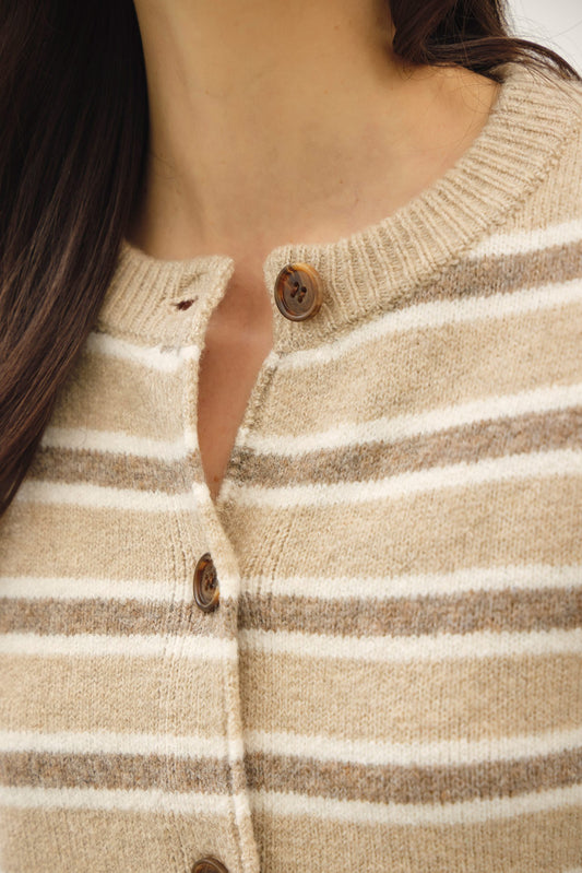 Close-up of a person wearing a ribbed knit cardigan with horizontal beige, cream, and taupe stripes, featuring brown buttons at the neckline.