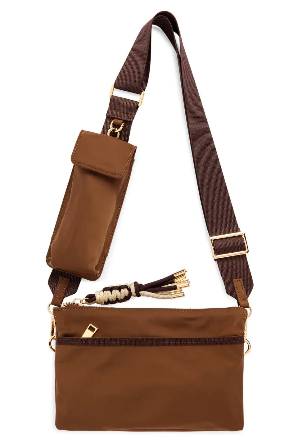 A brown nylon crossbody bag with a matching brown leather pouch and a wide adjustable shoulder strap, featuring gold-tone metal hardware and a tassel detail, shown against a plain white background.