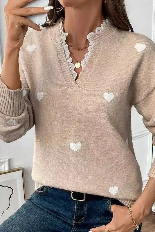 Heart Print Lace Trim Sweater