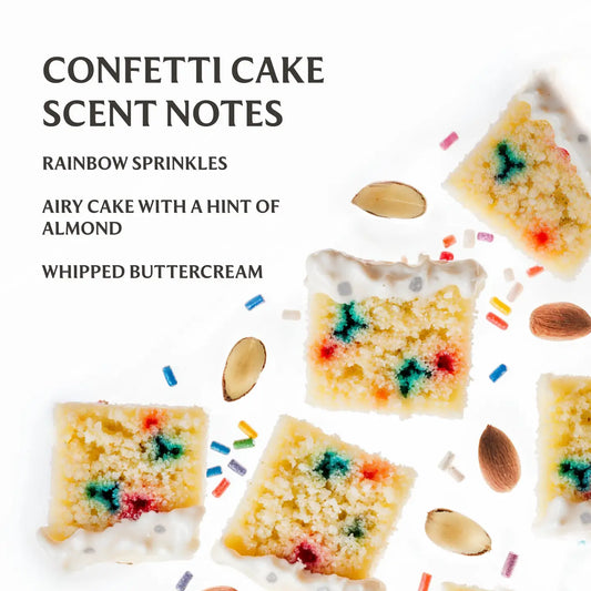Confetti cake with rainbow sprinkles and almonds on a white background, with text describing scent notes.