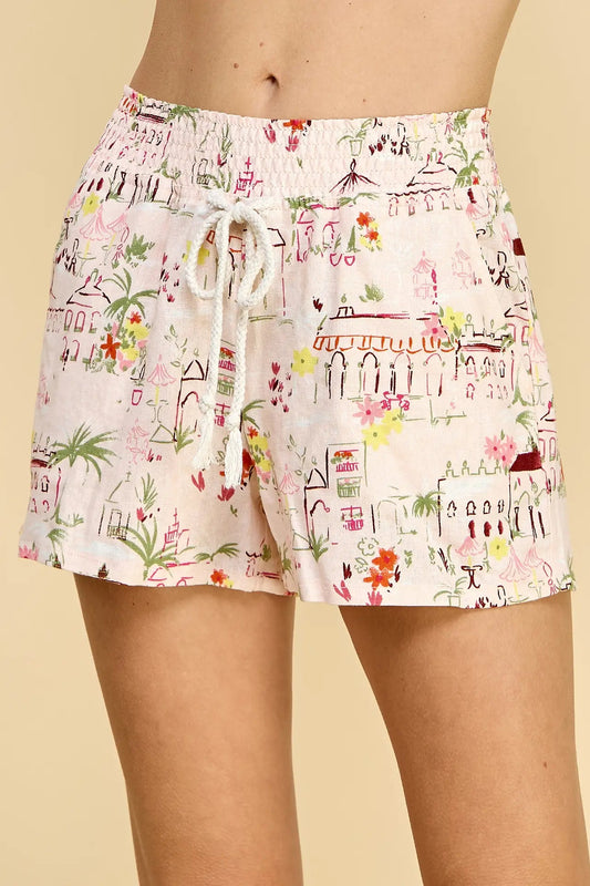 Shorts with a colorful pattern on a beige background