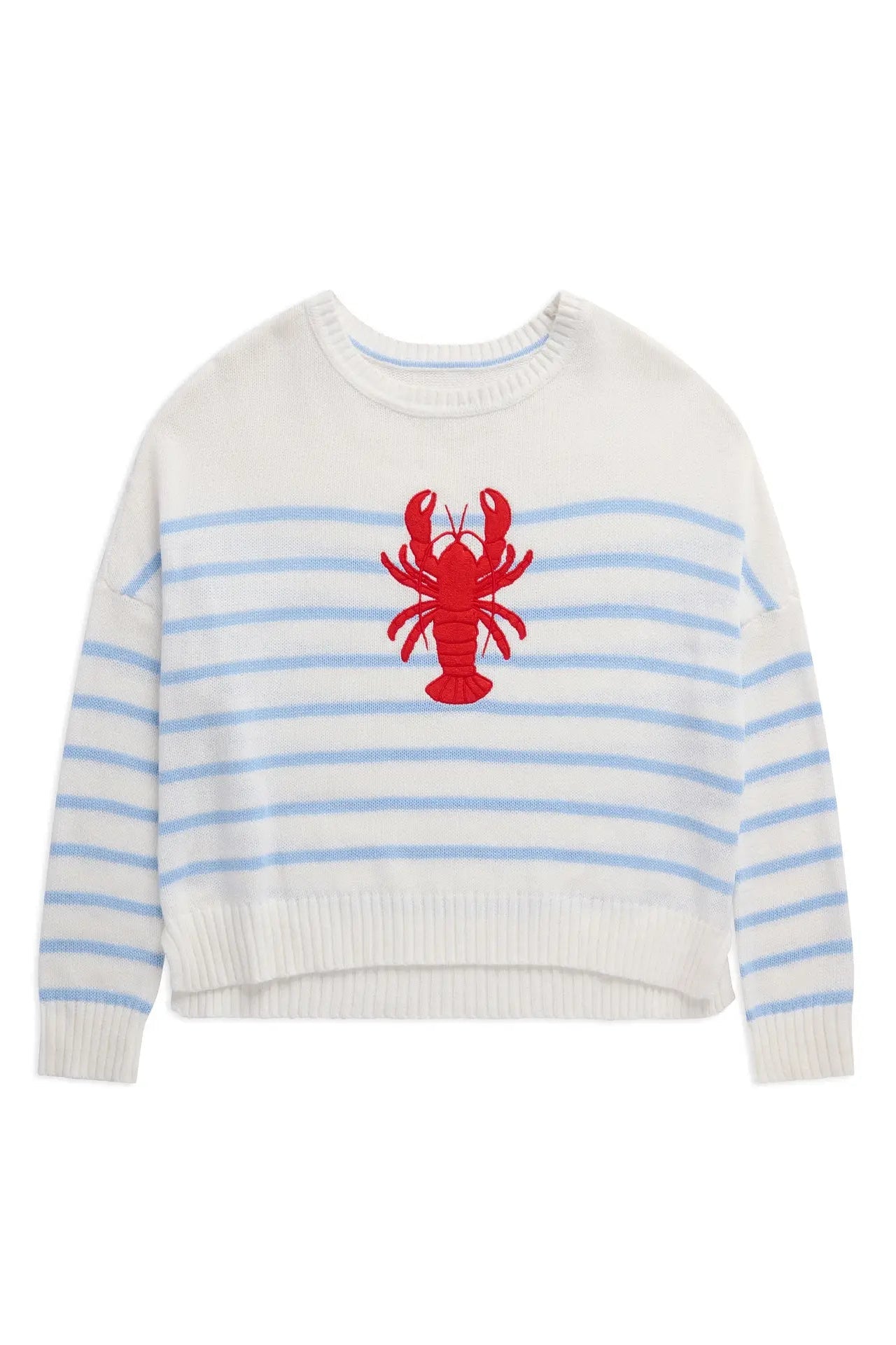 Striped sweater with a red lobster design on a white background