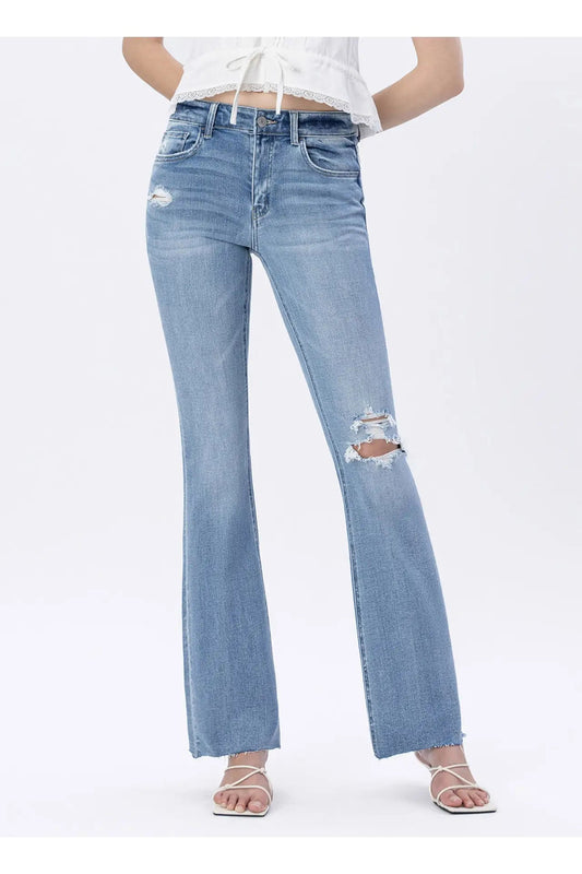 Mid Rise Raw Hem Bootcut Jeans
