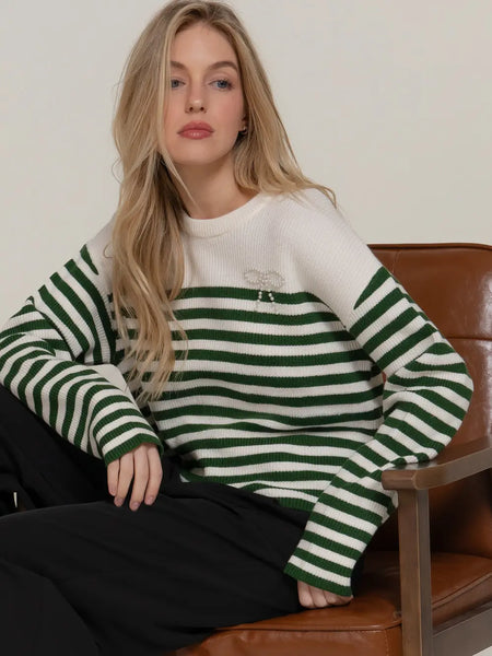 Pearl Bow Detail Stripe Sweater