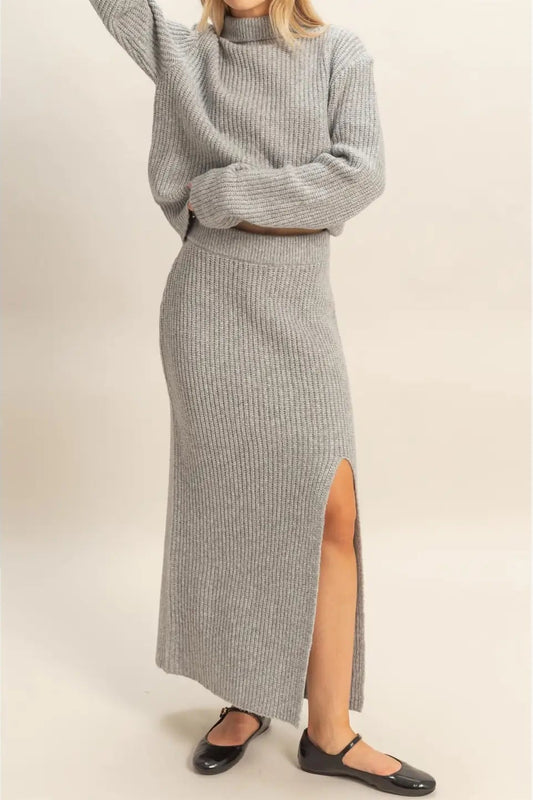 Ribbed Side Slit Sweater Skirt