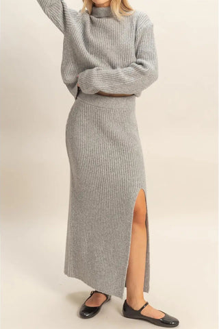 Ribbed Side Slit Sweater Skirt