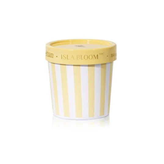 Yellow and white striped container with 'Isla Bloom' branding on a white background