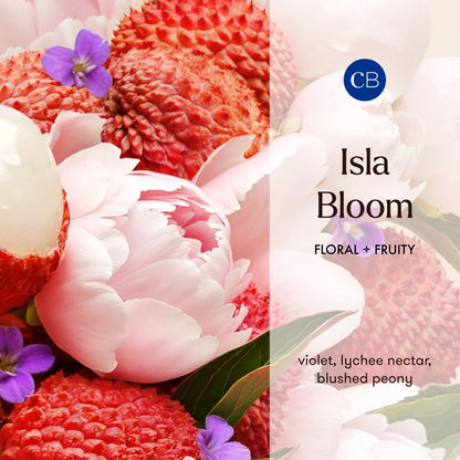 Close-up of lychees and flowers with 'Isla Bloom' branding and description.