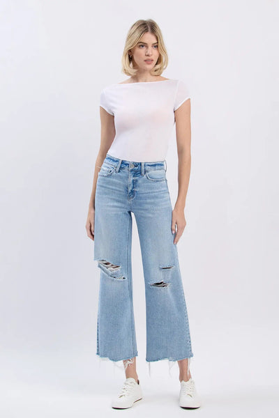 High Rise Distressed Crop Wide Jeans