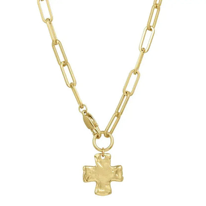 Gold chain necklace with a gold cross pendant on a white background