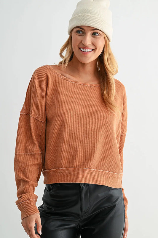 Raw Edge Waffle Knit Boatneck Pullover