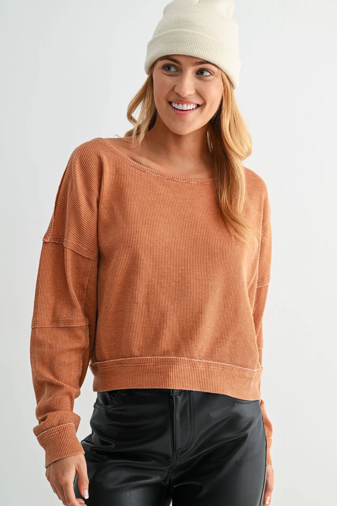 Raw Edge Waffle Knit Boatneck Pullover