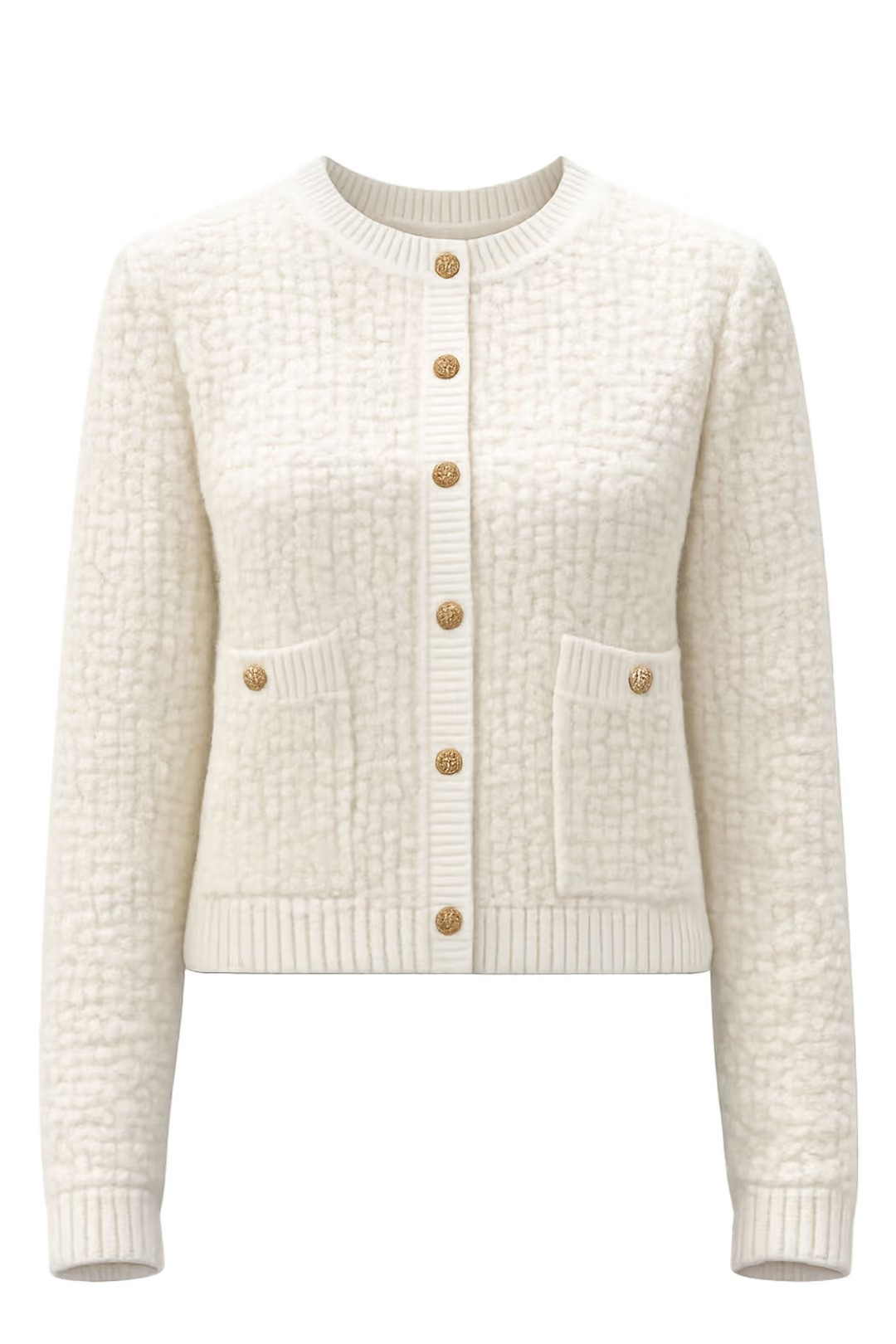 An off-white textured knit cardigan sweater with gold buttons, featuring a round neckline, front button closure, and two front patch pockets, shown against a plain white background.