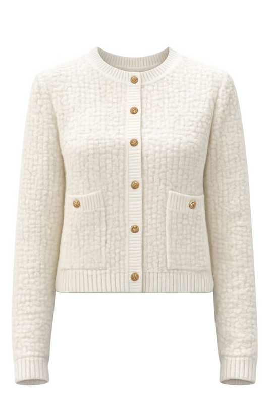 An off-white textured knit cardigan sweater with gold buttons, featuring a round neckline, front button closure, and two front patch pockets, shown against a plain white background.