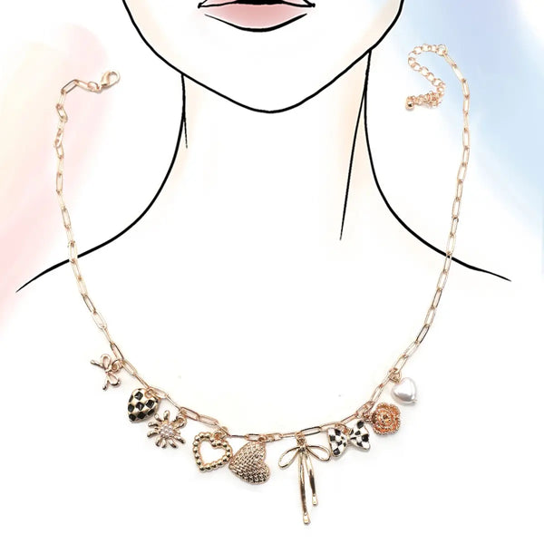 Charm Necklace-Bow Checker Heart Floral