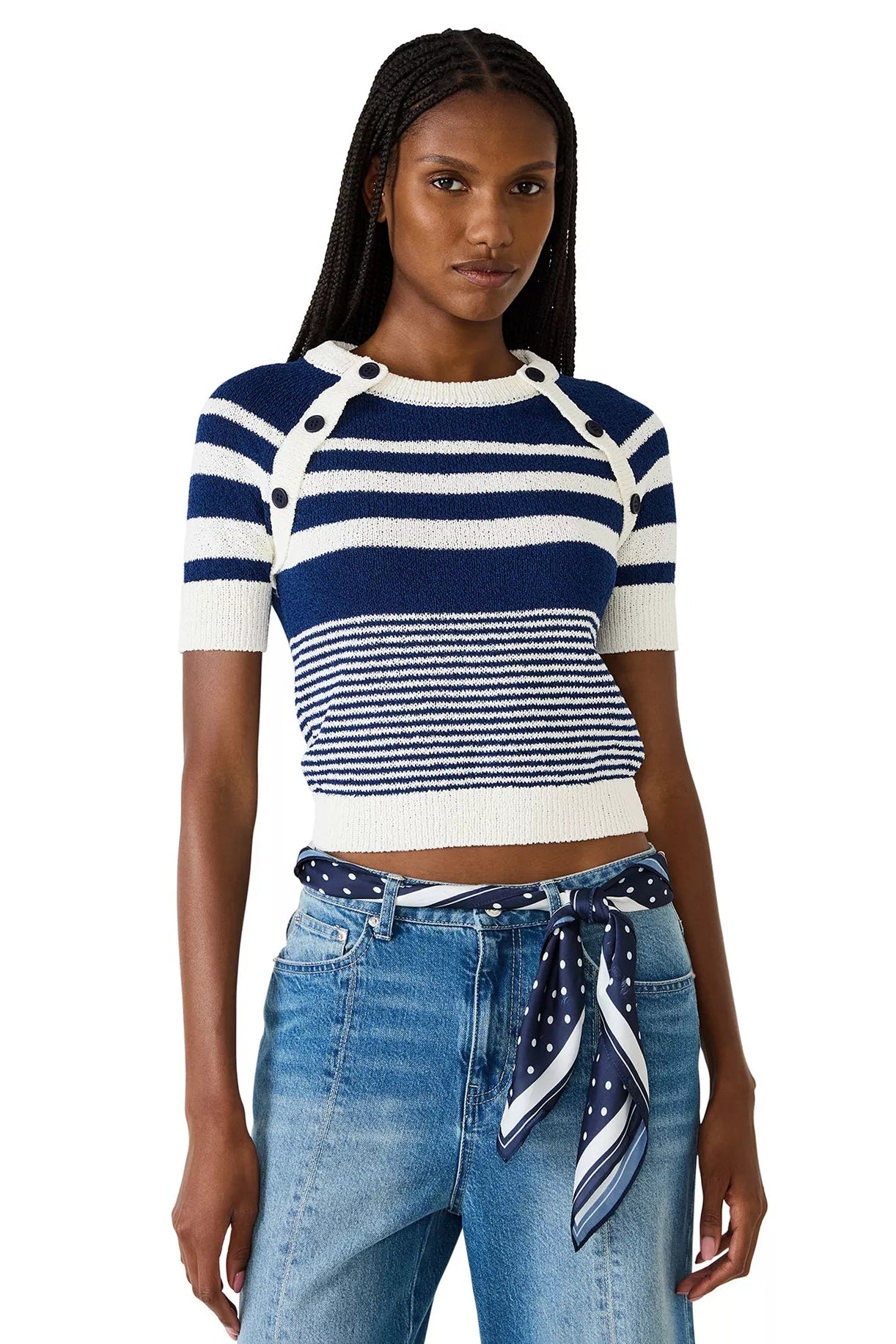 woman wearing blue and white striped sweater 