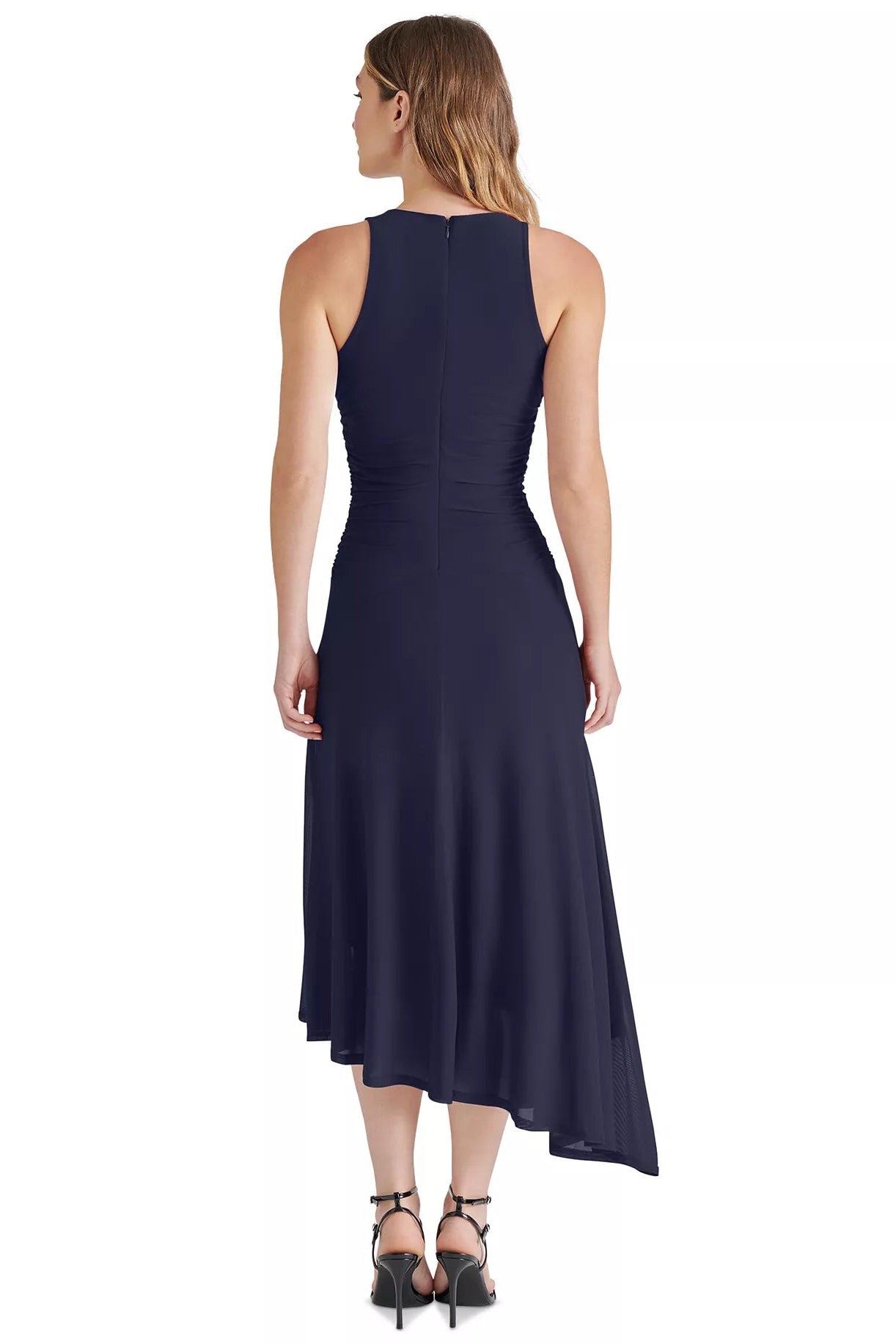 Navy blue dress worn by a model on a white background